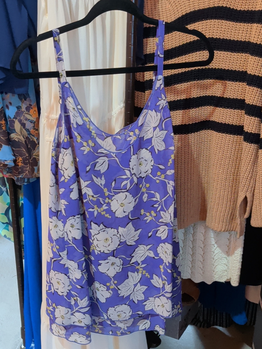 CAbi Purple Floral Slip Camisole with White Blossom Print